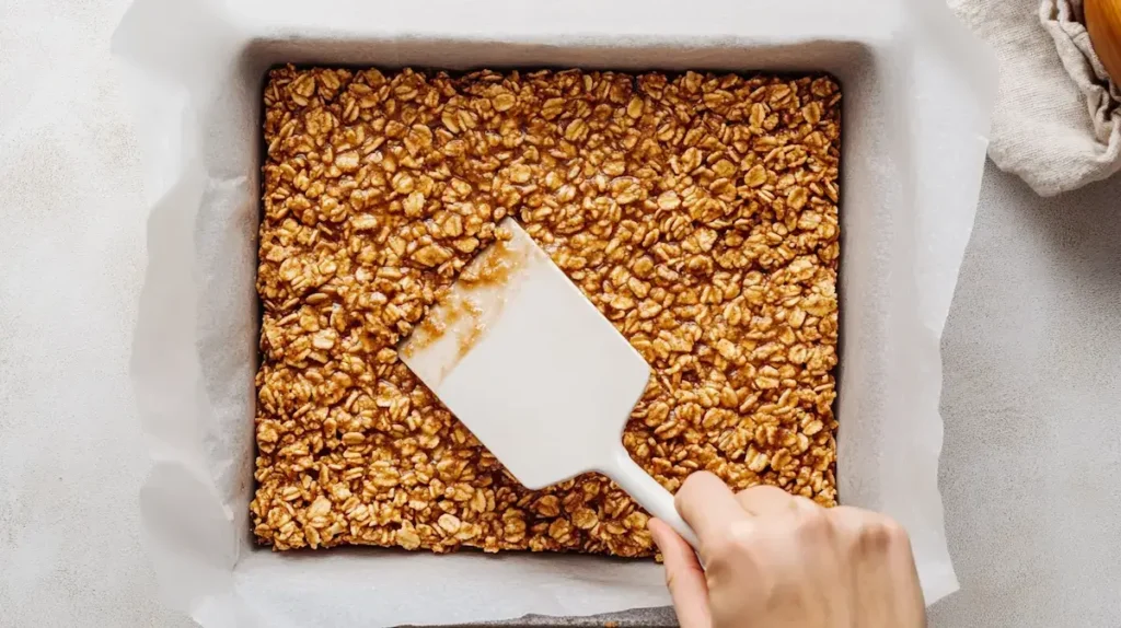 Cinnamon Toast Crunch Bars pressing the mixture into the pane Cinnamon Toast Crunch Bars pressing the mixture into the pane