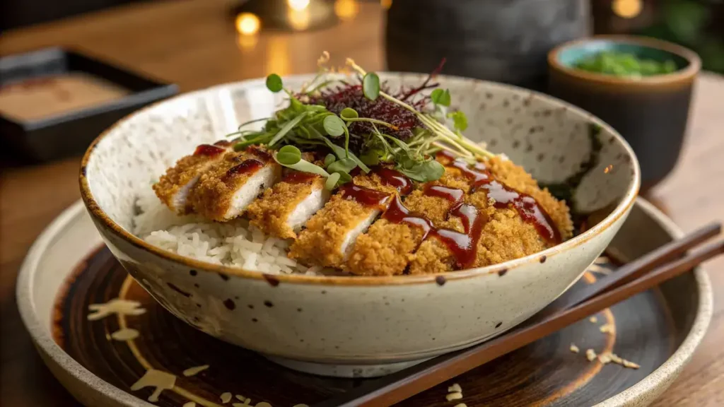 Crispy Japanese Katsu Bowls with Tonkatsu Sauce serving