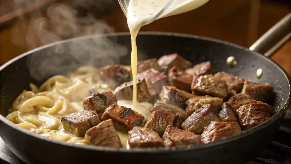 Garlic-Butter-Steak-Bites-and-Creamy-Alfredo-Tortellini-in-progress