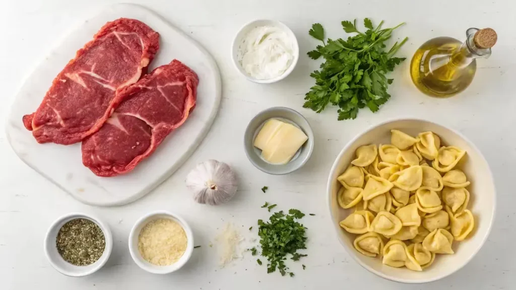 Garlic-Butter-Steak-Bites-and-Creamy-Alfredo-Tortellini-ingredients