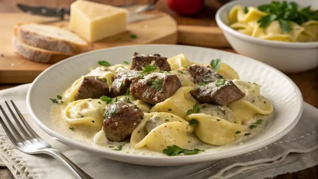 Garlic-Butter-Steak-Bites-and-Creamy-Alfredo-Tortellini-serving
