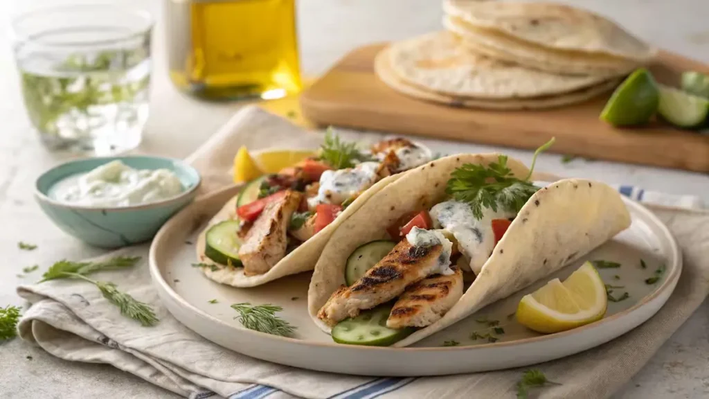 Greek-Chicken-Gyros-with-Cucumber-Tzatziki-serving Greek-Chicken-Gyros-with-Cucumber-Tzatziki-serving