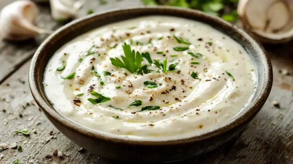 Creamy Garlic Sauce for Pizza serving Creamy Garlic Sauce for Pizza serving
