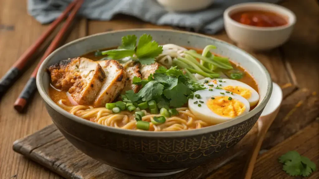 fiery chicken ramen with creamy garlic sauce